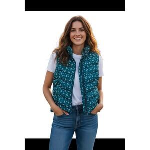 LANDS END Women's Petite 18 18P Down Puffer Vest Green White Gorpcore Bust 44"